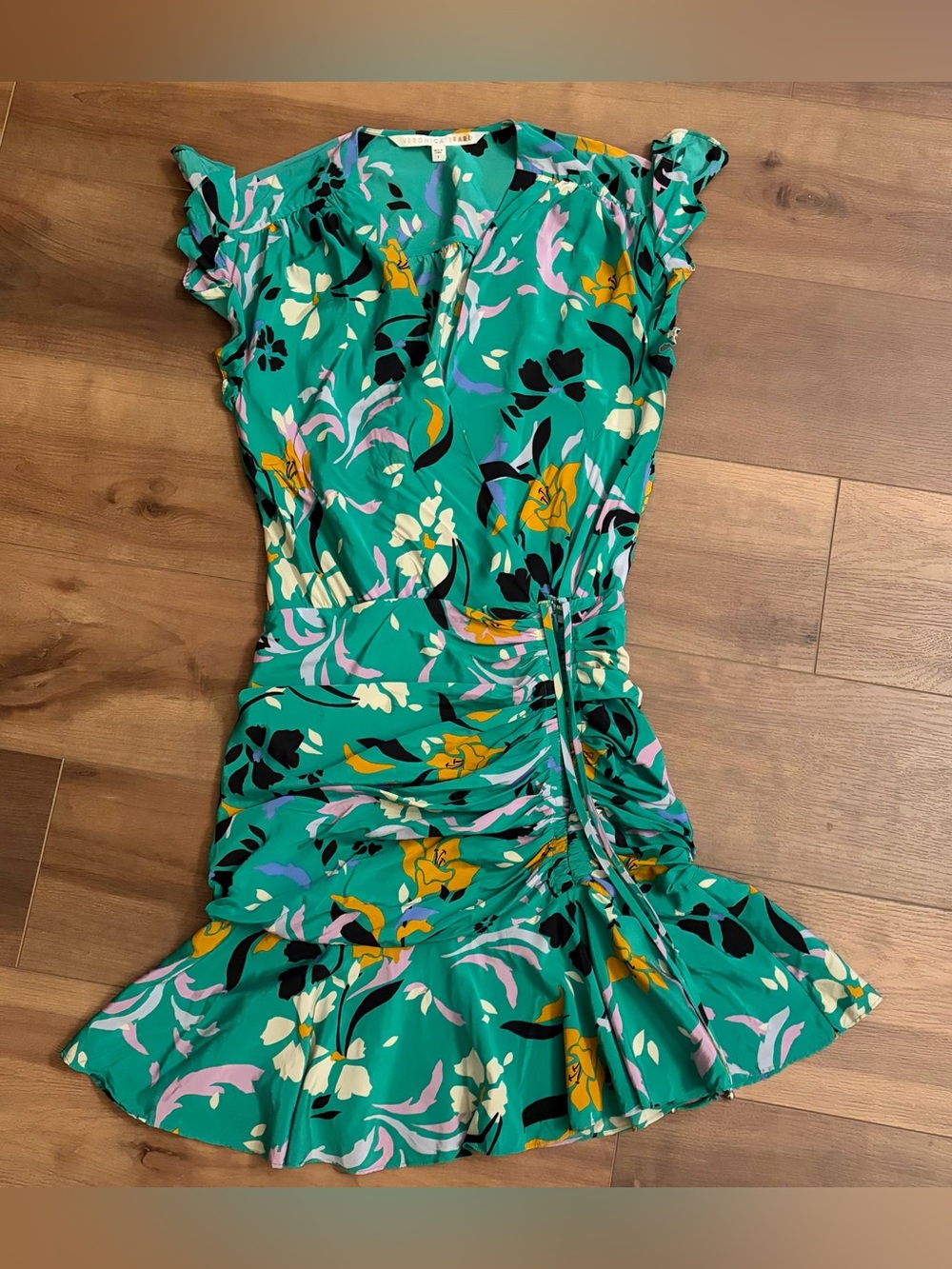 Veronica Beard Green Floral Ruched Ruffle Mini Dress Size 2 summer silk dress